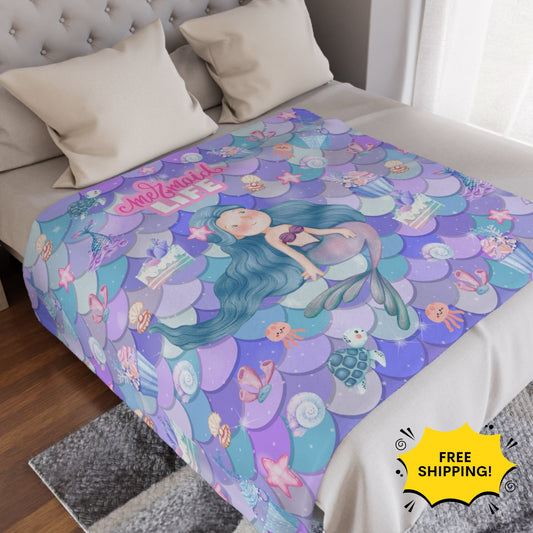 Personalized Mermaid Blanket for Kids, Custom Name Mermaid Life Blanket, Soft and Cozy Ocean Theme Throw, Unique Mermaid Lover Gift