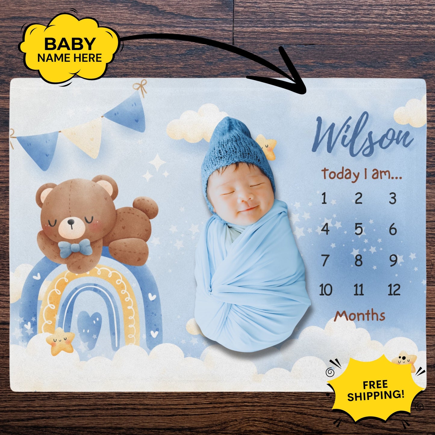 Personalized Baby Boy Milestone Blanket – Custom Name Swaddle for Monthly Growth & Newborn Photography