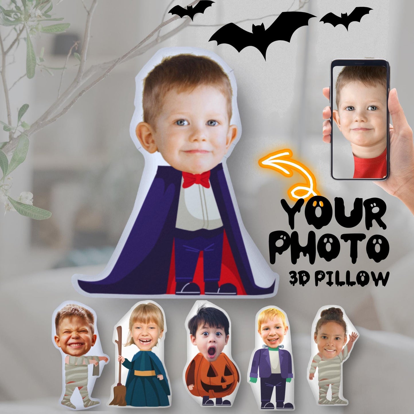Personalized Halloween 3D Photo Face Pillow – Custom Kids Costume Pillow & Spooky Decor