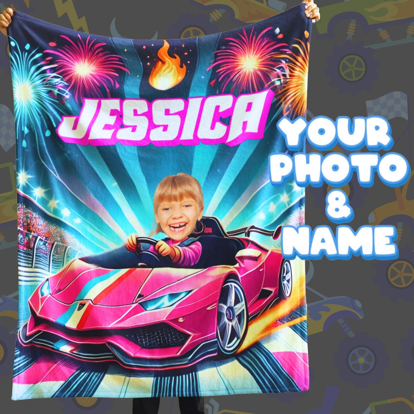 Personalized Racing Car & Monster Truck Blanket – Custom Name & Photo Gift for Boys & Girls