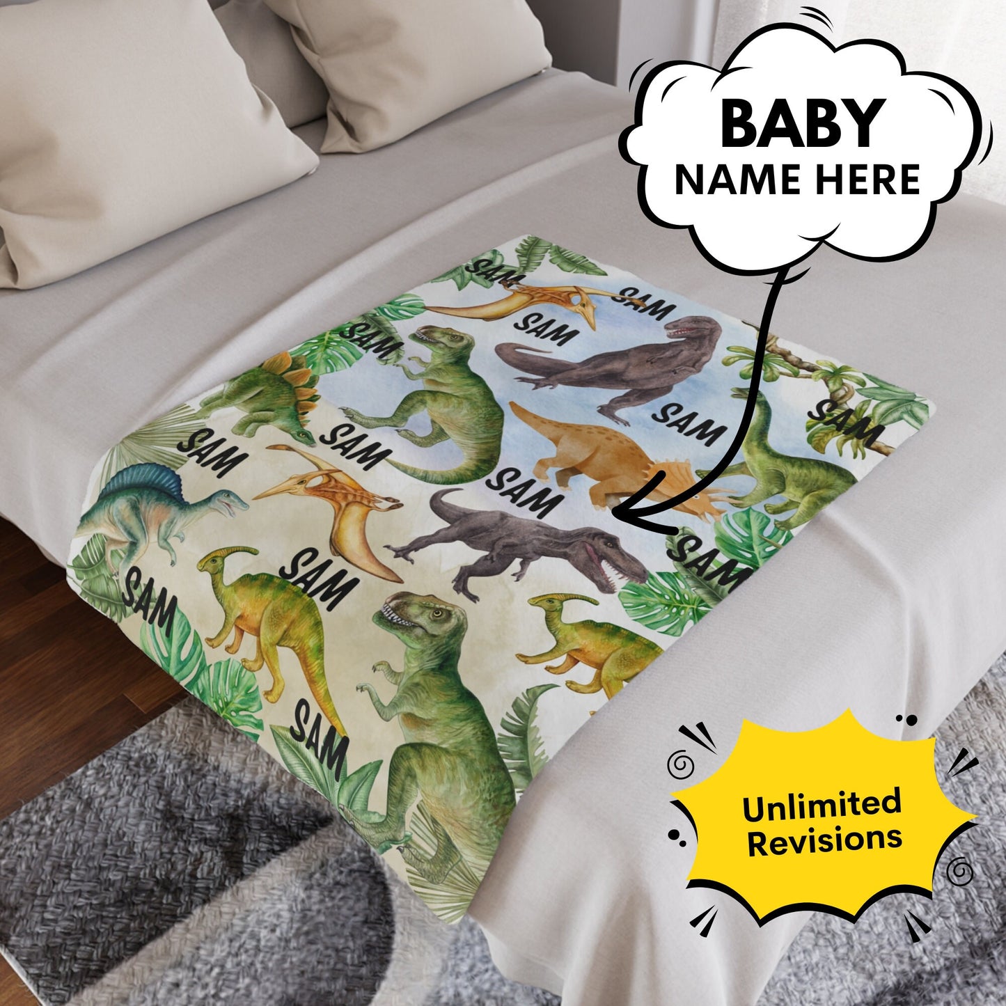 Personalized Dinosaur Baby Blanket – Custom Name Gift for Kids & Nursery Decor