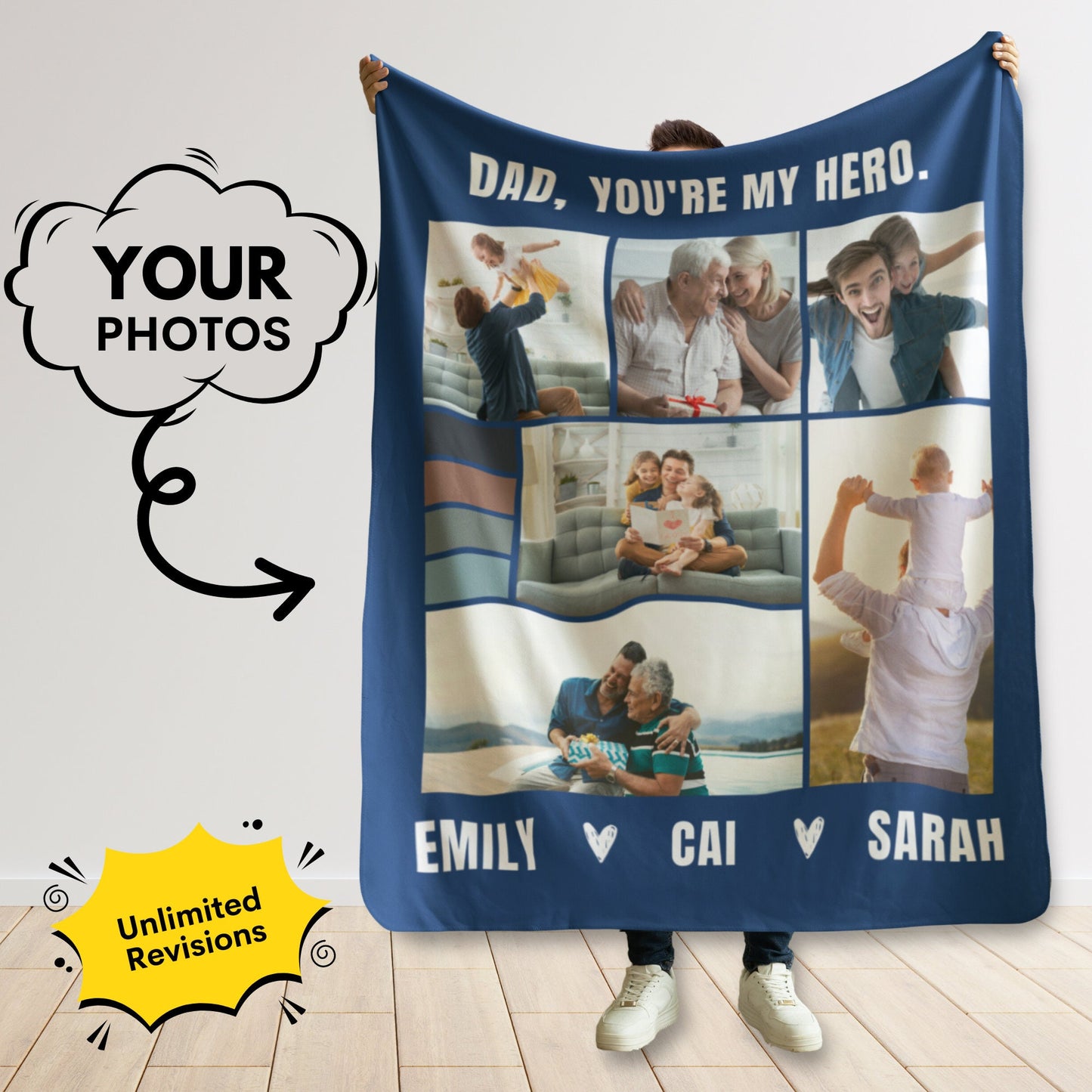 Personalized Dad Blanket with Text, Custom Father's Day Blanket, Grandpa Gift, Birthday Gift For Dad, You're My Hero Dad, Best Dad Blanket