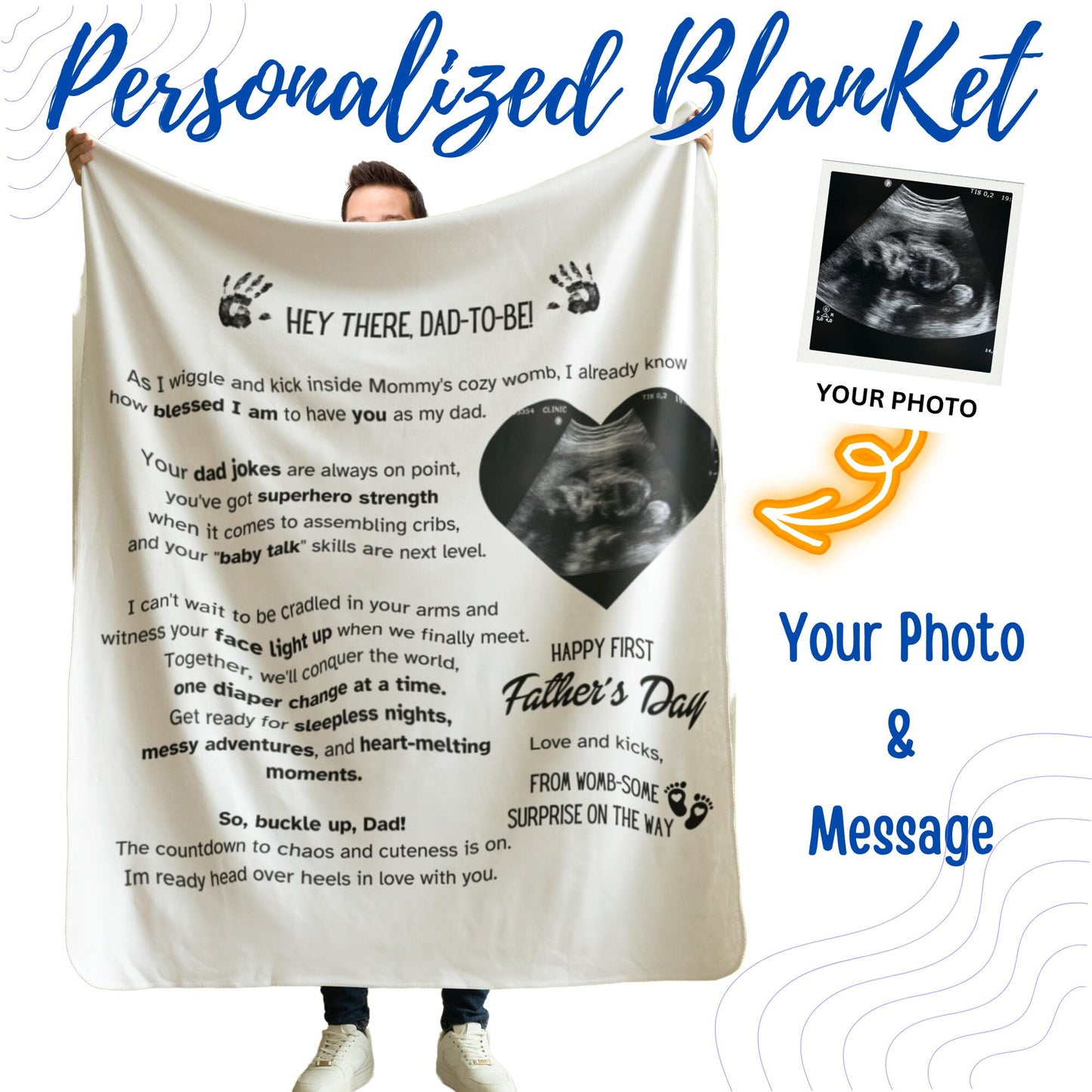 Personalized Ultrasound Blanket – Baby Reveal Gift for Dad with Custom Letter & Sonogram Print
