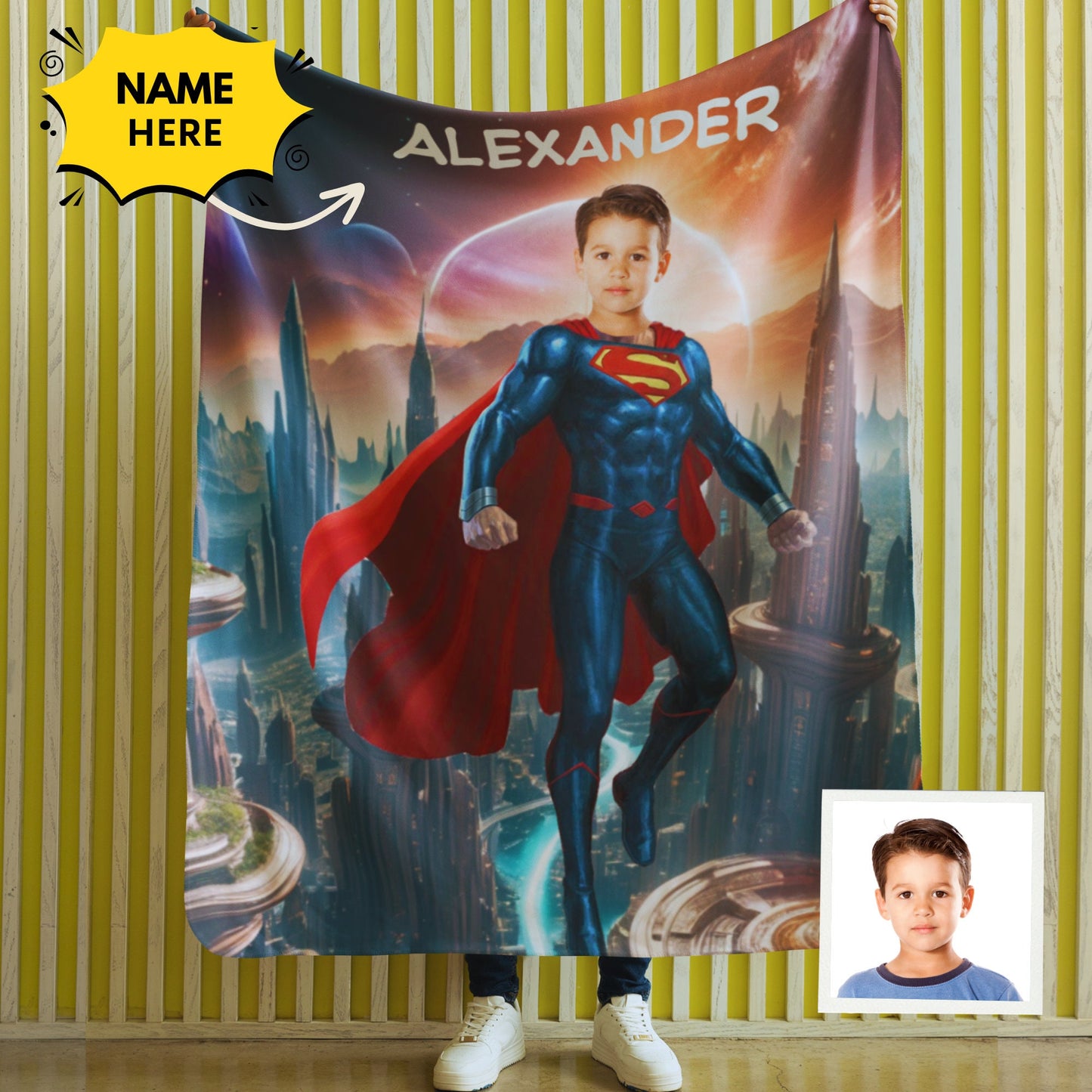 Custom Superhero Photo Blanket - Personalized Boys and Girls Kids Blanket with Name