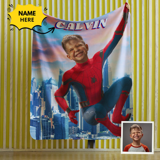 Custom Superhero Photo Blanket - Personalized Boys and Girls Kids Blanket with Name