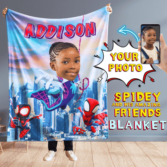 Personalized Superhero Blanket – Photo Gift Featuring Spidey & Friends for Kids