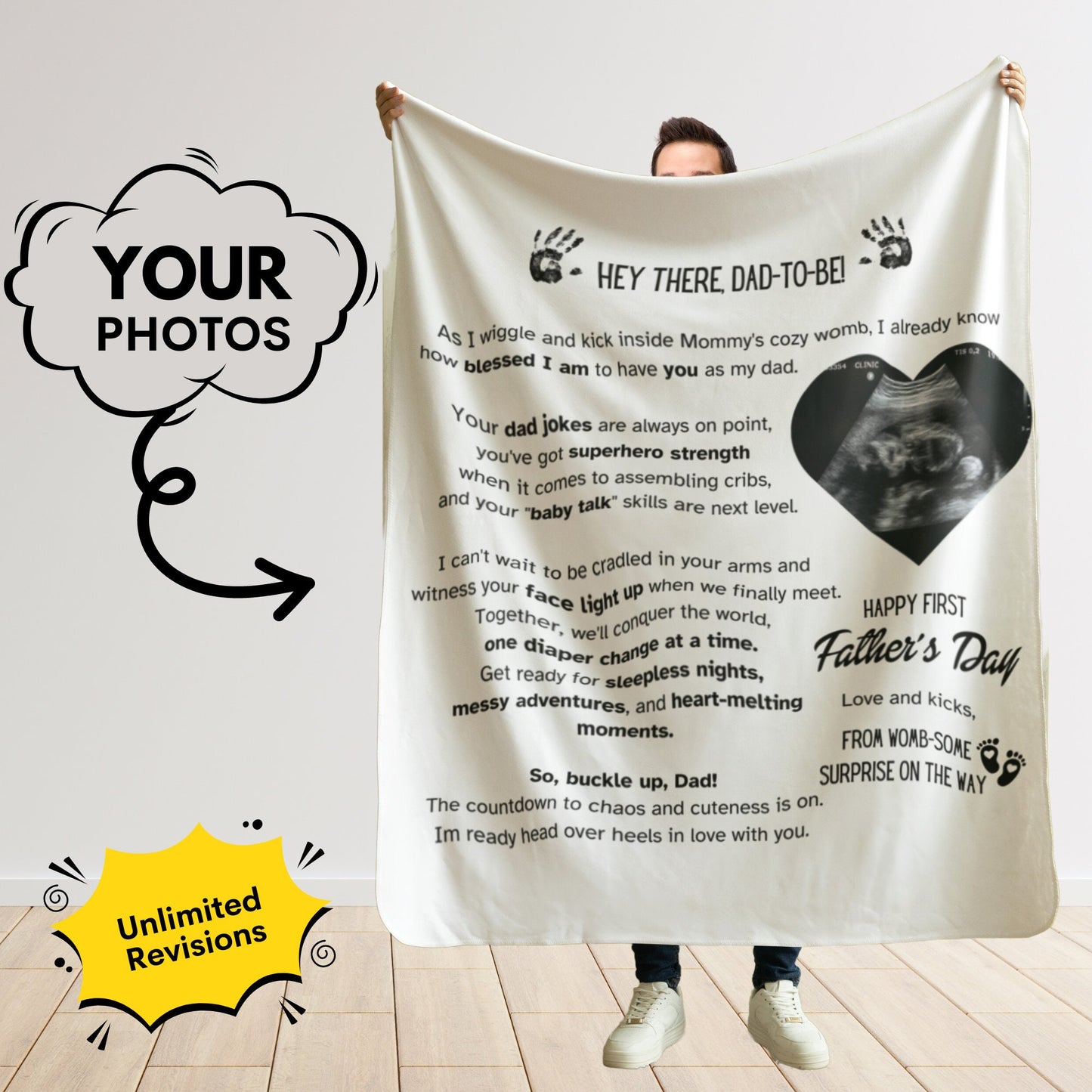 Personalized Ultrasound Blanket – Baby Reveal Gift for Dad with Custom Letter & Sonogram Print