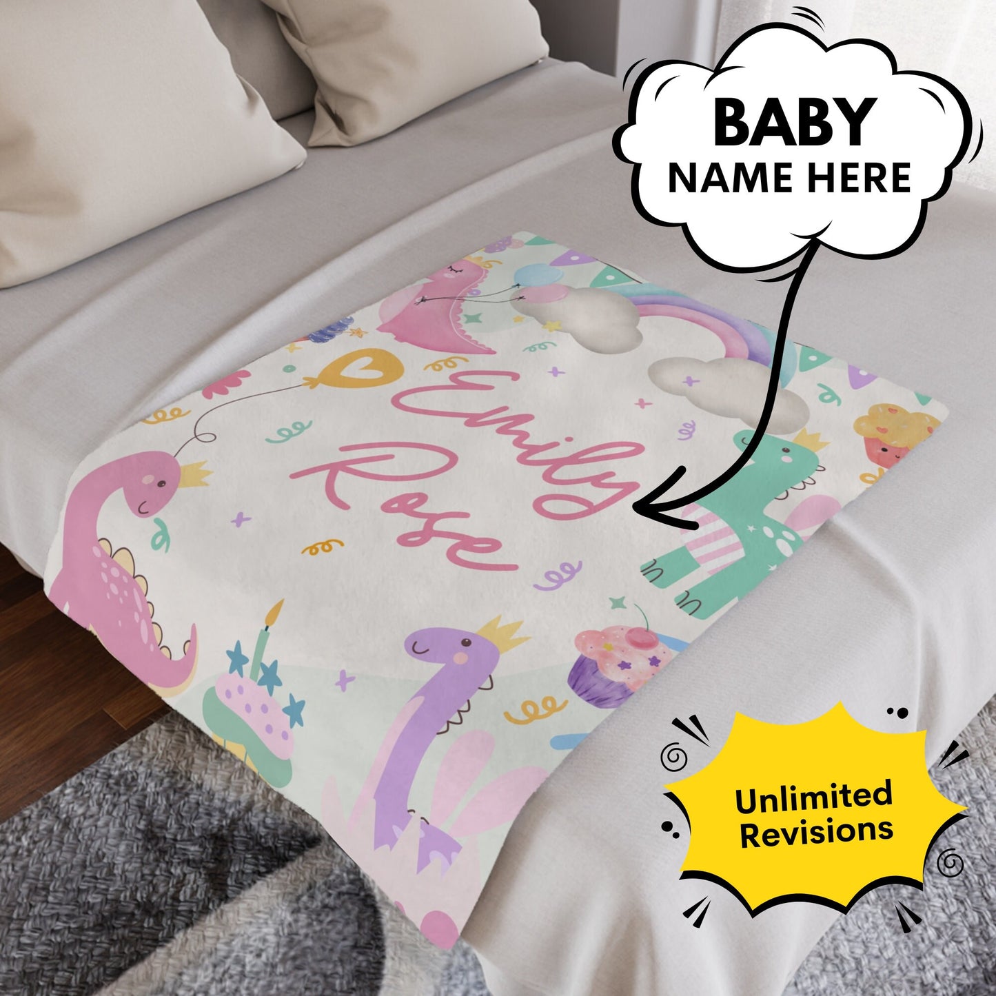 Personalized Dinosaur Blanket – Custom Name Gift for 1st Birthday, Baptism & Kids’ Milestones
