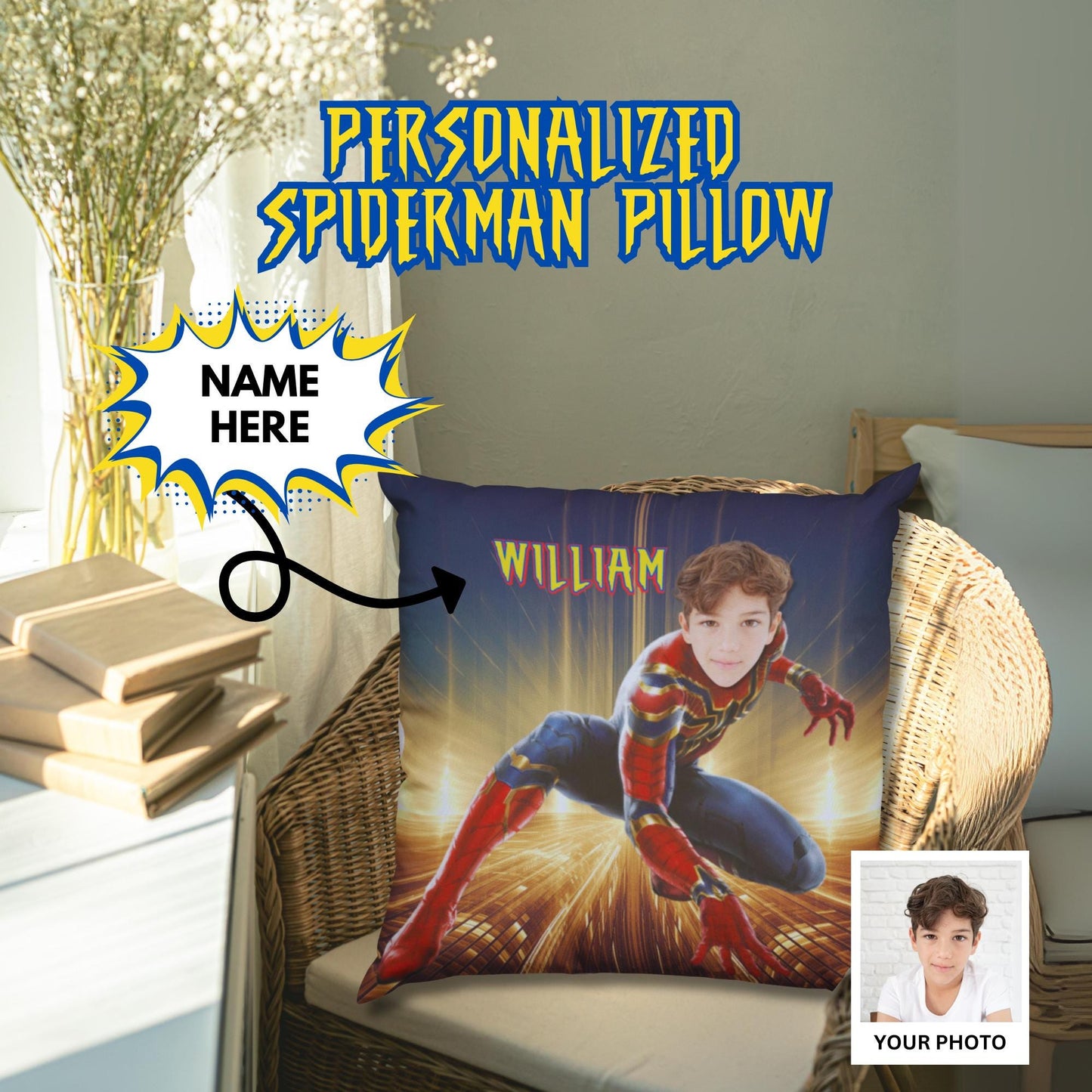 Personalized Spiderman Pillow with Name – Custom Superhero Pillow for Kids | Double-Sided Print & Cozy Room Decor