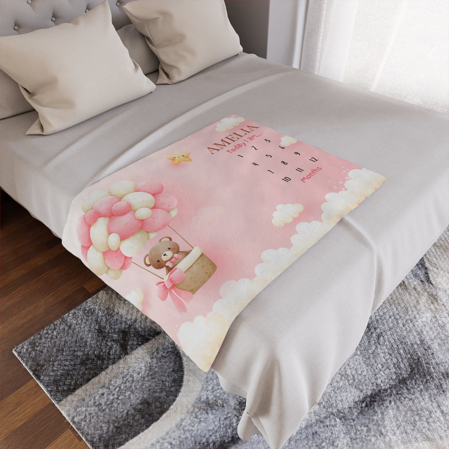 Personalized Baby Milestone Blanket – Custom Name with Pink Balloon & Bear Design for Monthly Growth & Baby Shower Gifts