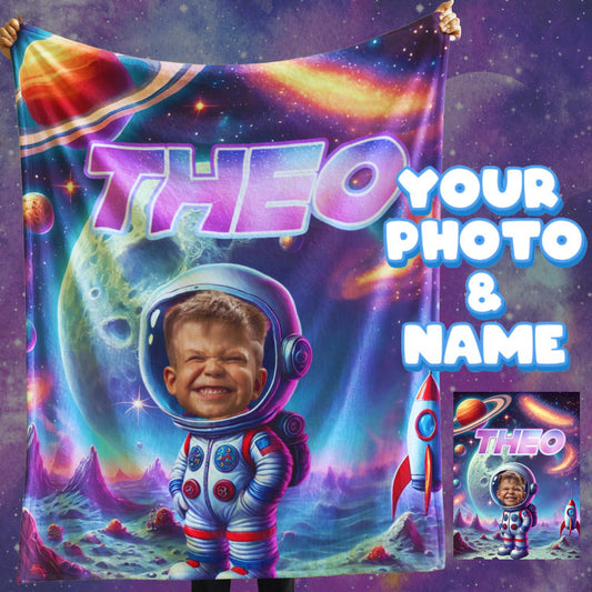 Personalized Space Rocket Blanket – Custom Name & Photo Astronaut Gift for Kids & Galaxy Lovers