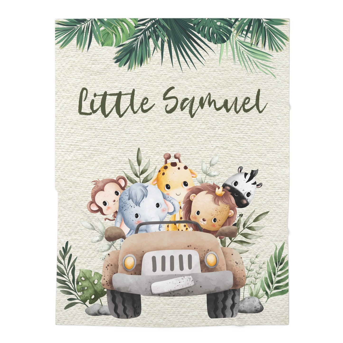 Personalized Safari Baby Swaddle – Custom Name Blanket with Elephant, Giraffe, Lion & Monkey for 1st Birthday
