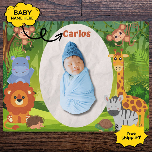 Personalized Safari Baby Milestone Blanket – Custom Name Swaddle with Jungle Animals for Newborn Photography