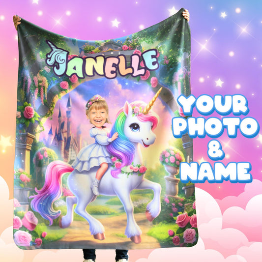 Personalized Unicorn Blanket – Custom Name & Photo Fairy Tale Throw for Girls in Sherpa, Minky or Plush