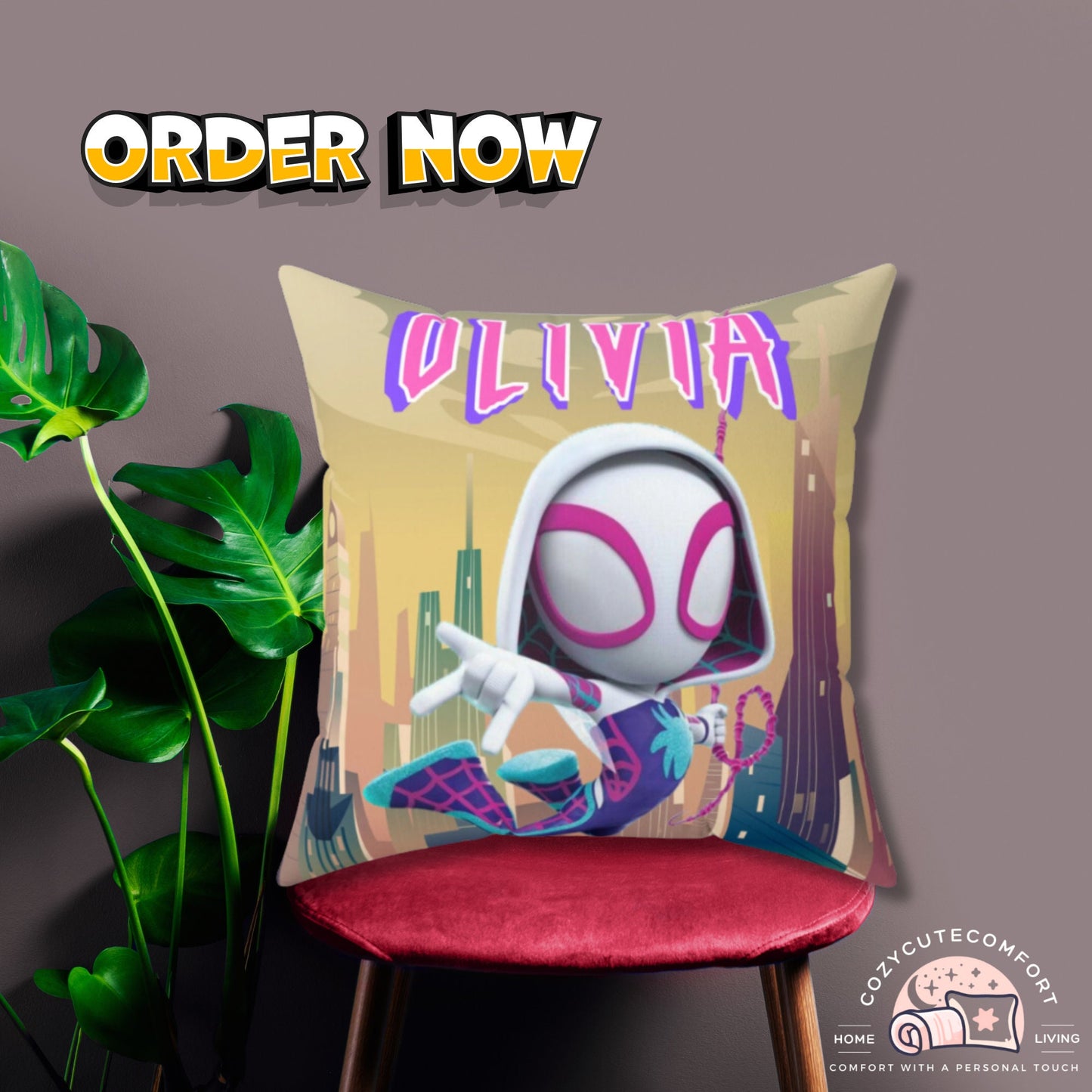 Personalized Spider Gwen Pillow for Kids – Custom Name Superhero Cushion & Bedroom Decor Gift