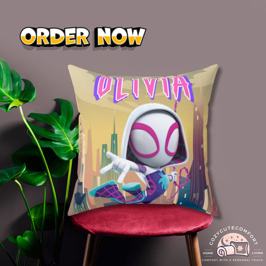 Personalized Spider Gwen Pillow for Kids – Custom Name Superhero Cushion & Bedroom Decor Gift