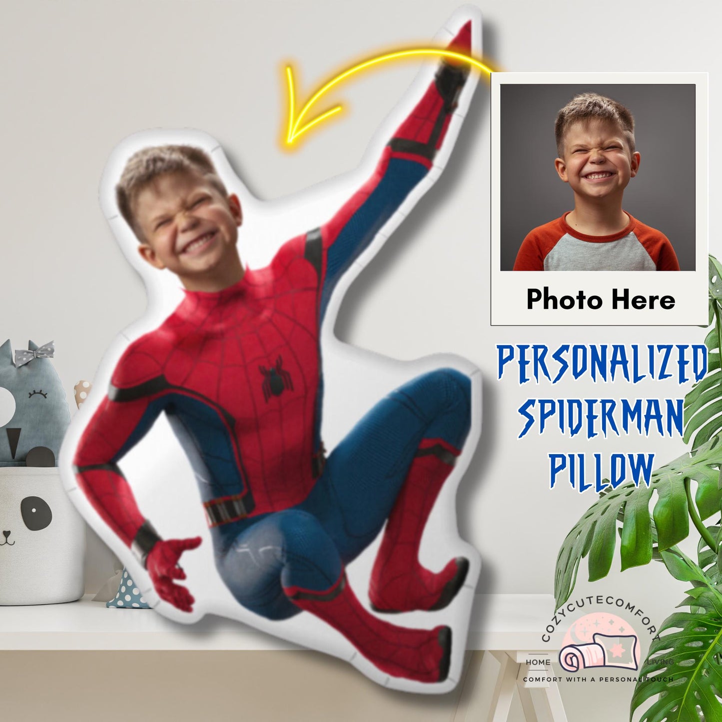 Personalized Spiderman Shaped Pillow From Photo – Custom 3D Superhero Cushion for Kids & Marvel Fans