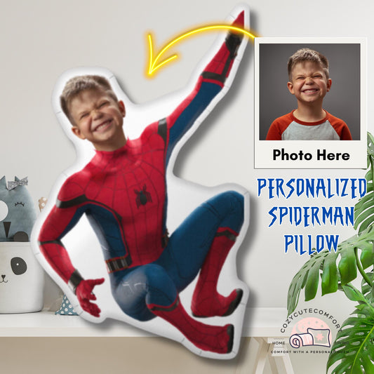 Personalized Spiderman Shaped Pillow From Photo – Custom 3D Superhero Cushion for Kids & Marvel Fans