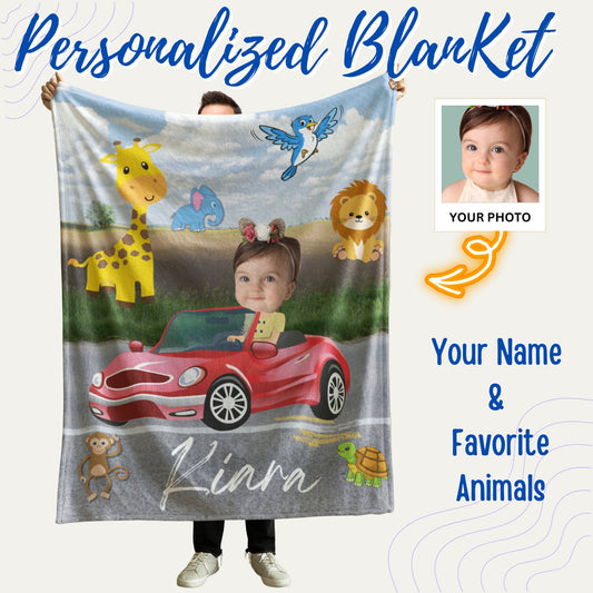 Personalized Baby Photo Blanket – Custom Name & Animal Design Gift for Kids