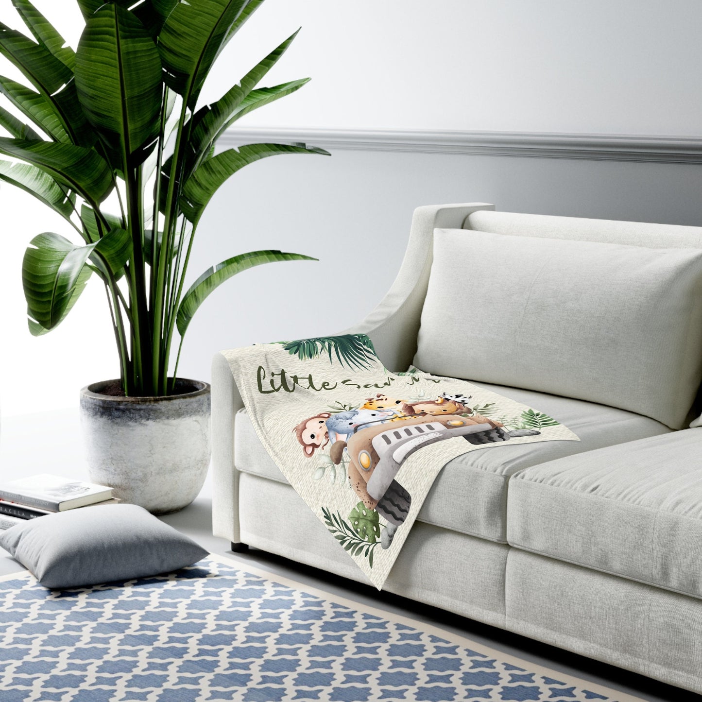 Personalized Safari Baby Swaddle – Custom Name Blanket with Elephant, Giraffe, Lion & Monkey for 1st Birthday