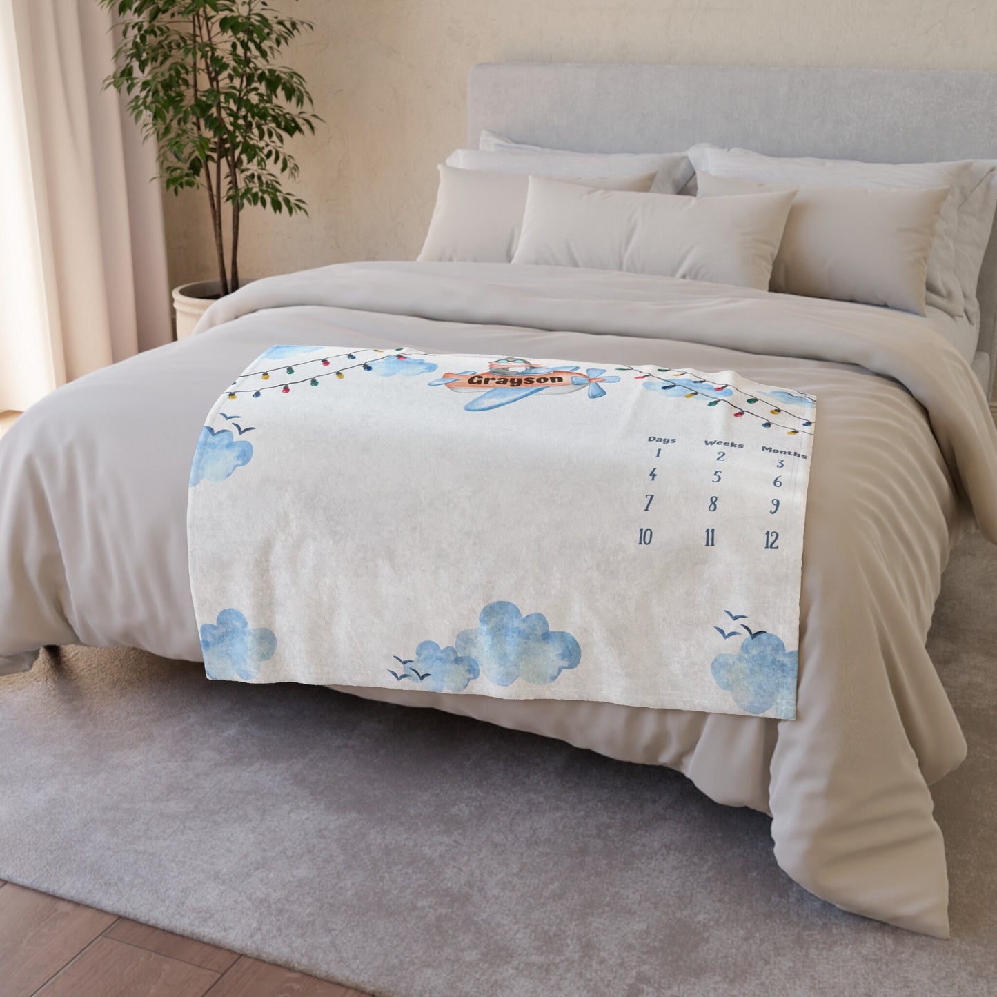 Personalized Airplane Baby Boy Blanket – Custom Name Milestone Gift for Baby Showers & Keepsakes