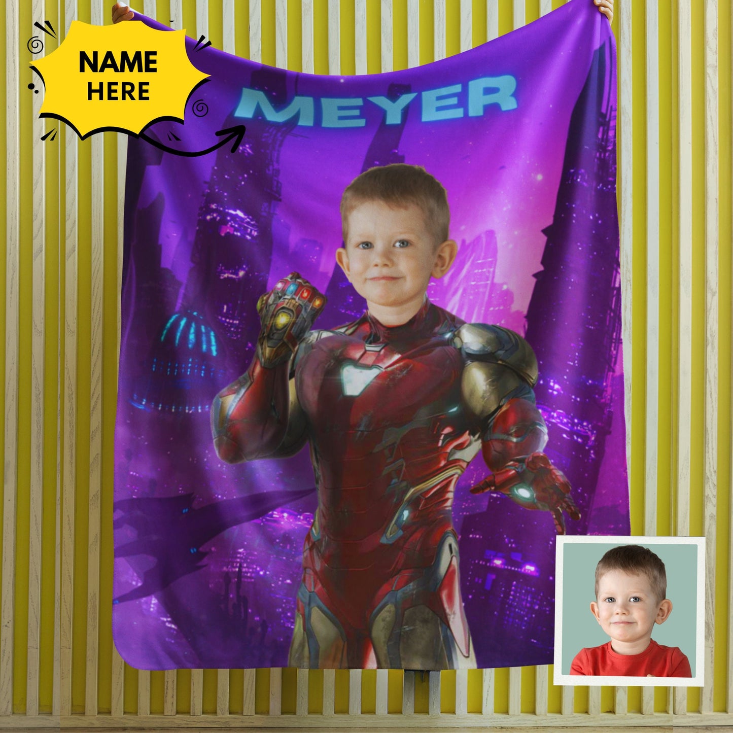 Custom Superhero Photo Blanket - Personalized Boys and Girls Kids Blanket with Name