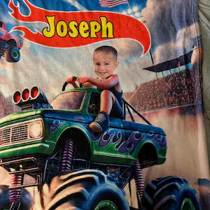 Personalized Monster Truck Blanket – Custom Name & Photo Adventure Gift for Boys & Kids