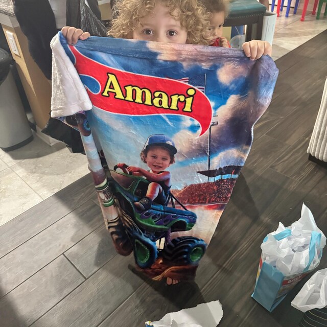 Personalized Monster Truck Blanket – Custom Name & Photo Adventure Gift for Boys & Kids